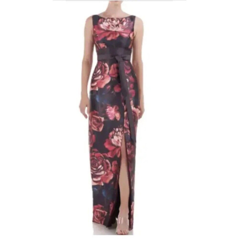 Kay Unger Carina Oxblood Multi Floral Print Column Gown $298 New Size 8